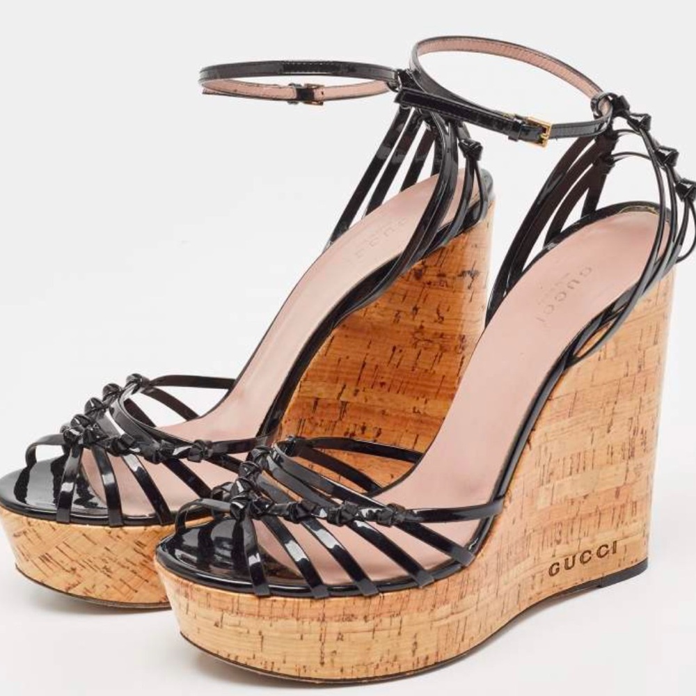 Gucci Black Patent Cork Wedge Sandals